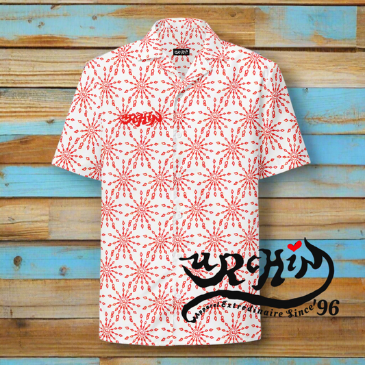 URCHIN 'U FIREWORK'. RED/CLOUD Unisex button shirt. Multiple Sizes.