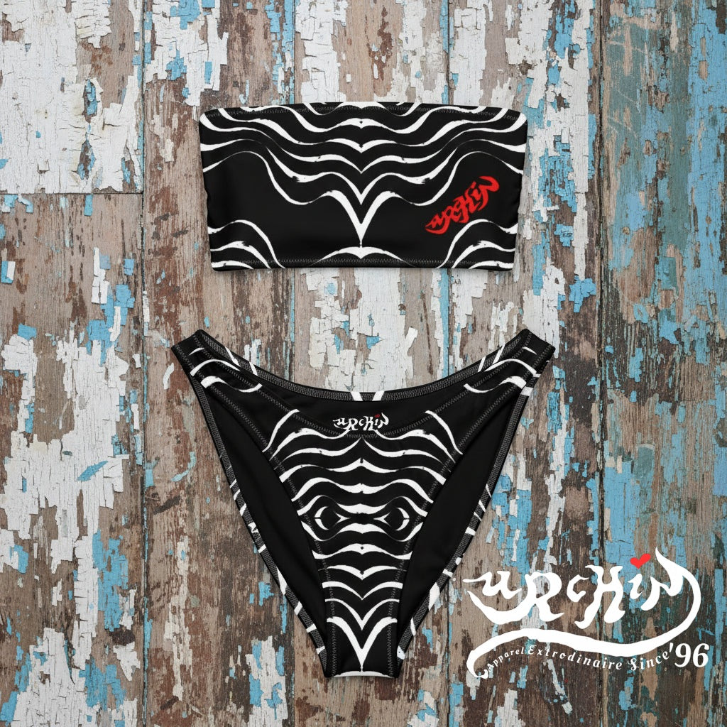 URCHIN Swimwear 'TATTOO WAVE' White Stripe. Recycled Bandeau Style Bikini. Choice of Sizes.