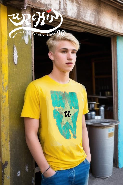 URCHIN Clothes -'U STAR' Cream on Blue- Old Poster. Cotton T Shirt. Choice of Colours. Unisex.