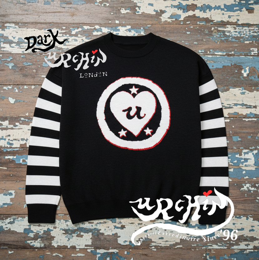 DARK URCHIN 'LOVE U' MENACE Relaxed fit knitted crew neck sweater. White Heart. XL