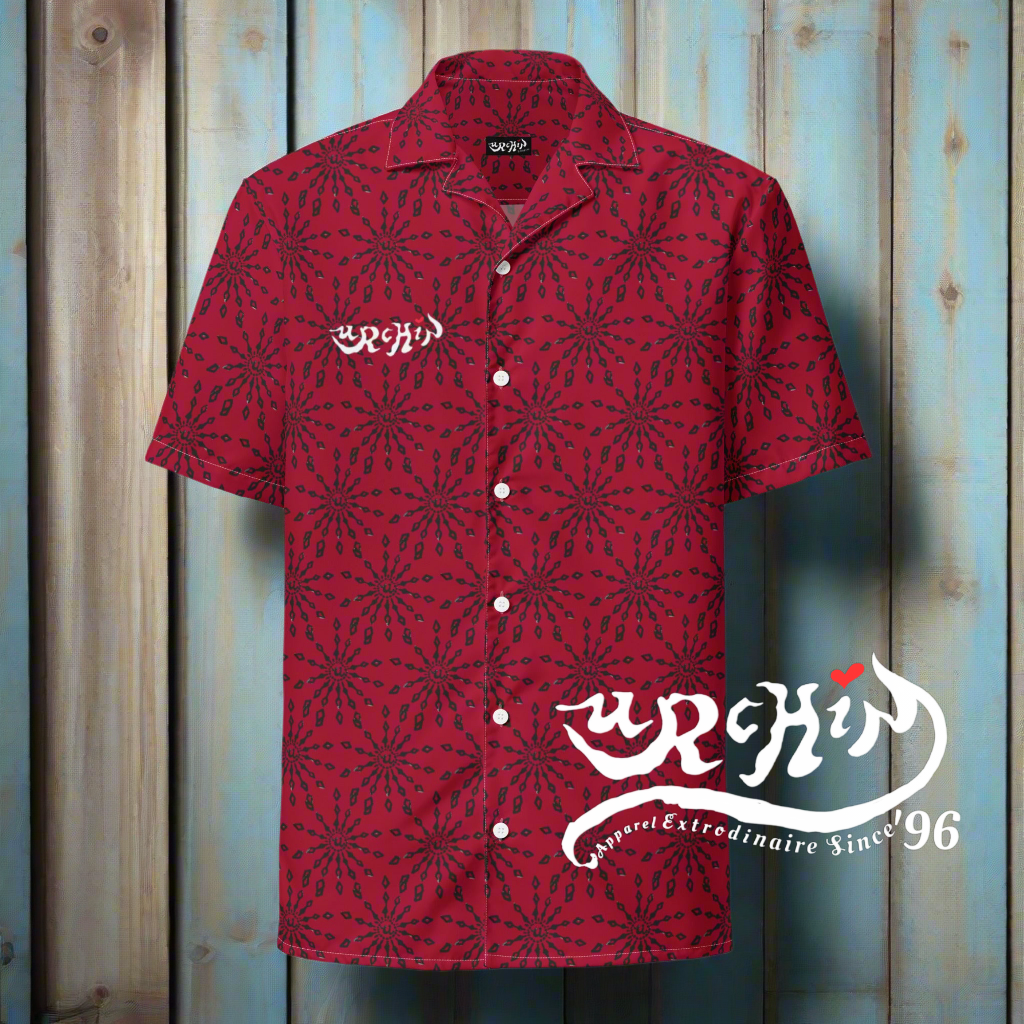 URCHIN 'U FIREWORK'. BLACK/GRAPE Unisex button shirt. Multiple Sizes.