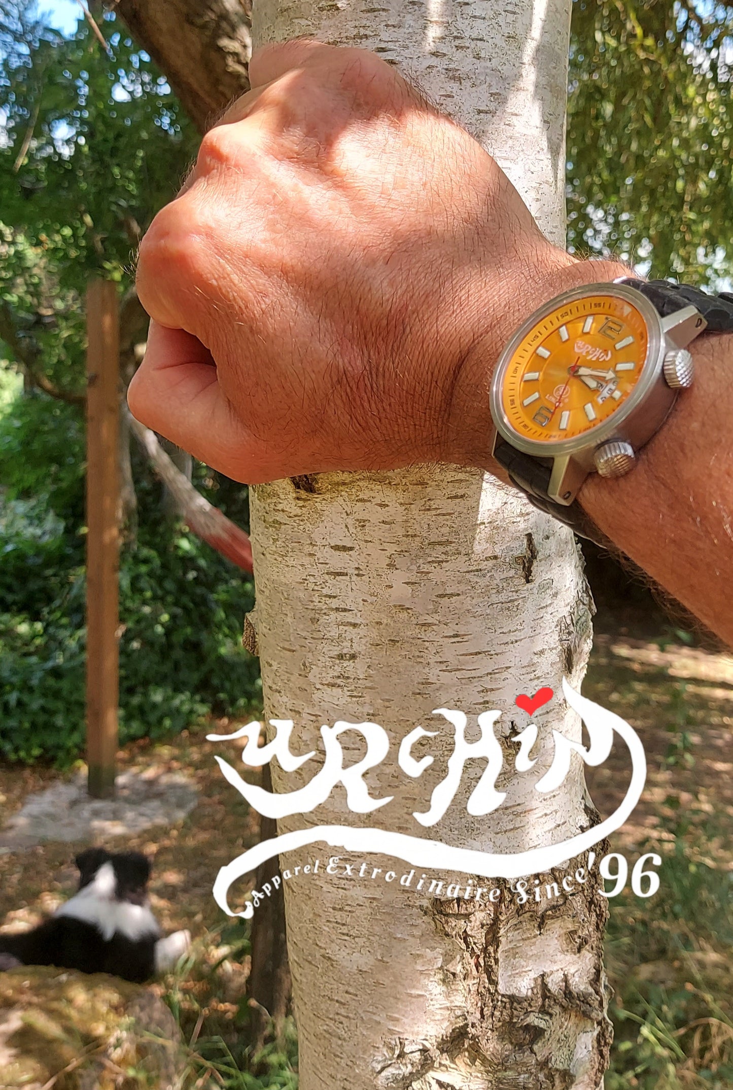 URCHIN Accessories & Watches. Orange 'RETRO DIVER' 'Urchin London' Logo Steel Watch. Rubber Strap. *To Order pnly.