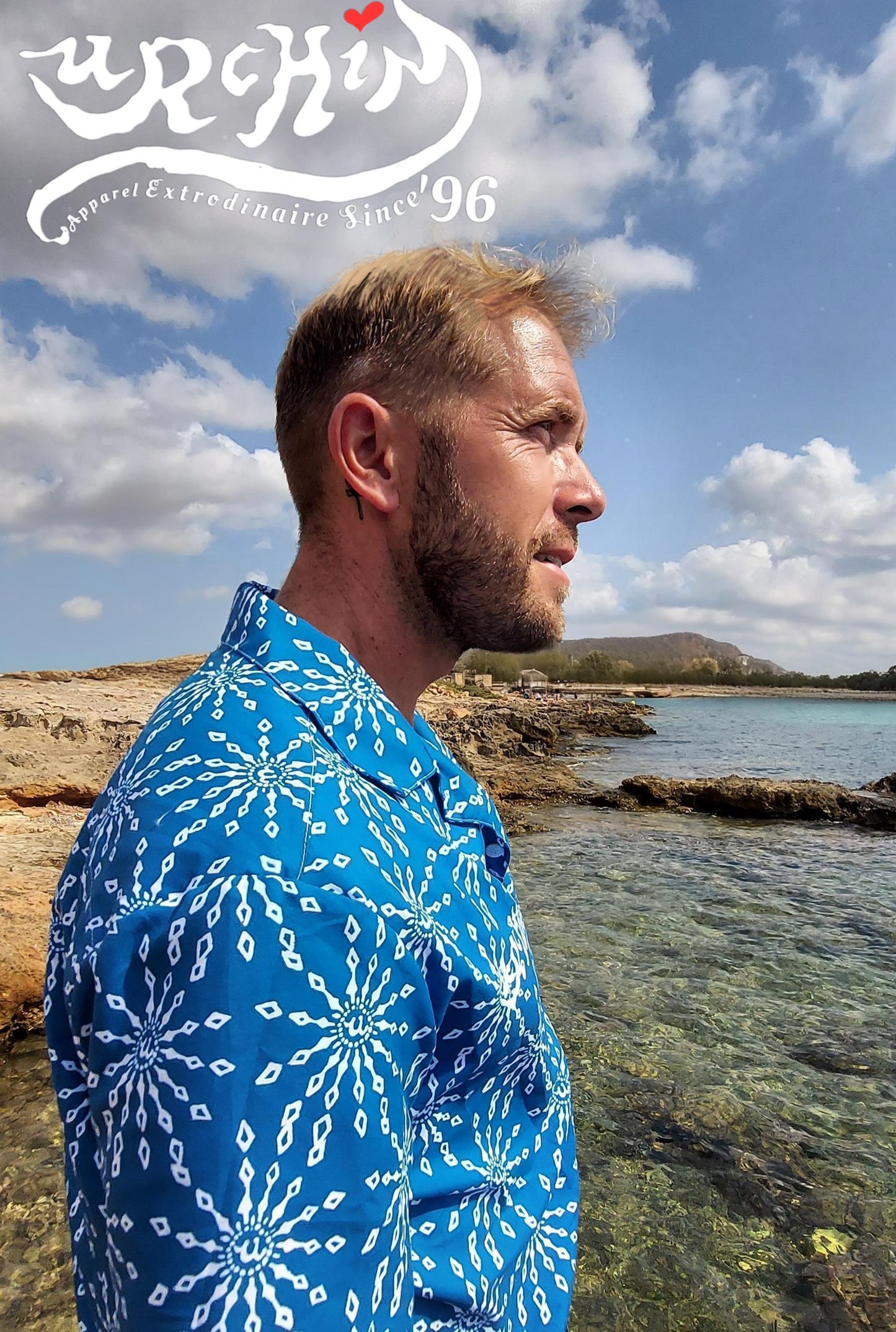 URCHIN 'U FIREWORK'. WHITE/SEA Unisex button shirt. Multiple Sizes.