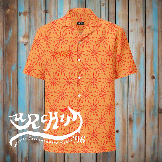 URCHIN 'U FIREWORK'. RED/ORANGE JUICE Unisex button shirt. Multiple Sizes.