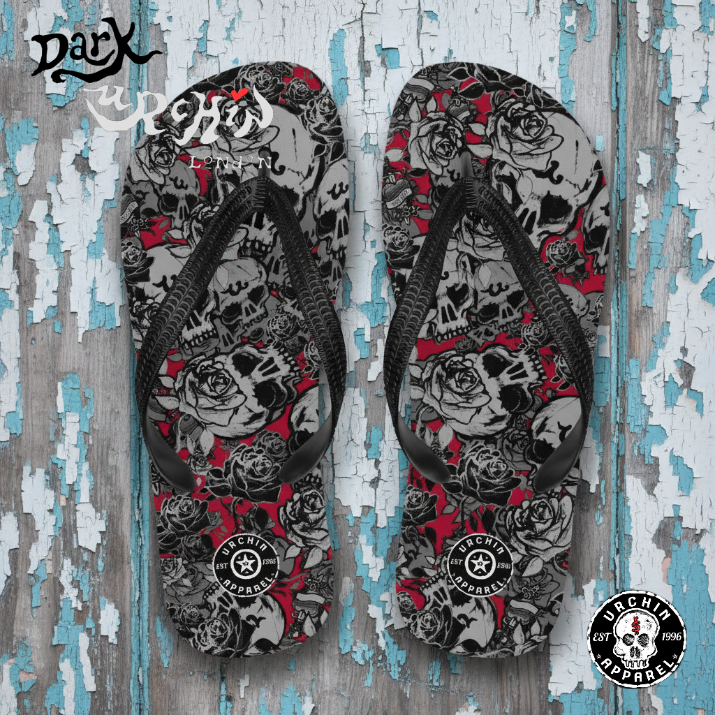 DARK URCHIN-'U Skull Storm' Skulls, Hearts Daggers, & Roses Flip-Flops. Colour 'Wine' (Deep Red) Choice of Sizes.