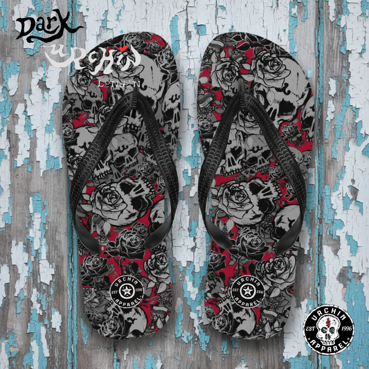 DARK URCHIN-'U Skull Storm' Skulls, Hearts Daggers, & Roses Flip-Flops. Colour 'Wine' (Deep Red) Choice of Sizes.