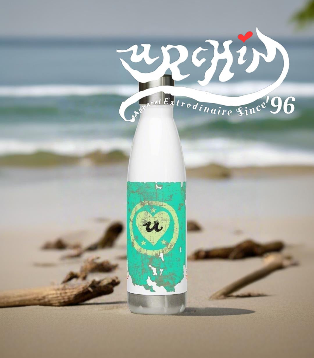 URCHIN Hydration Stainless Steel water bottle. 'U LOVE' Blue/Cream Logo on Black or White option.