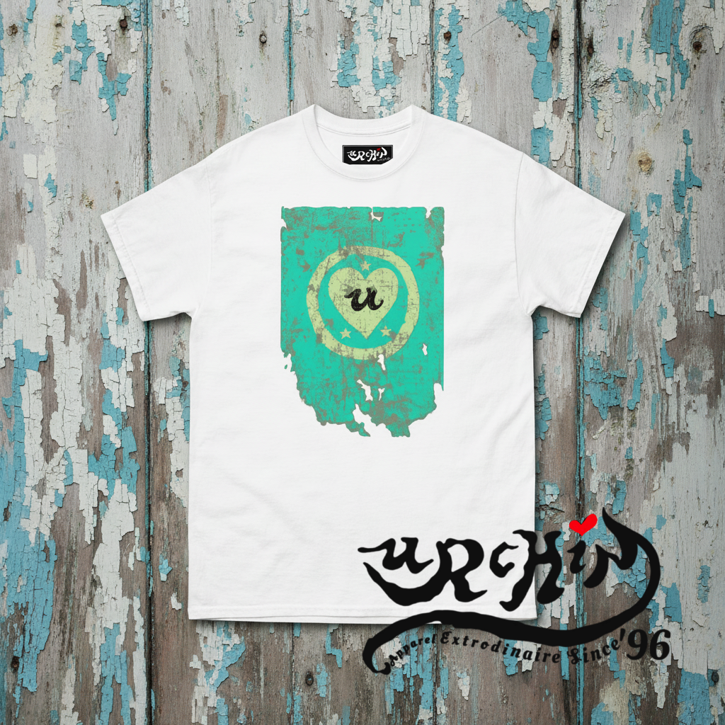 URCHIN -'LOVE U' Cream on Blue- Old Poster. Cotton T Shirt. Choice of Colours. Unisex.