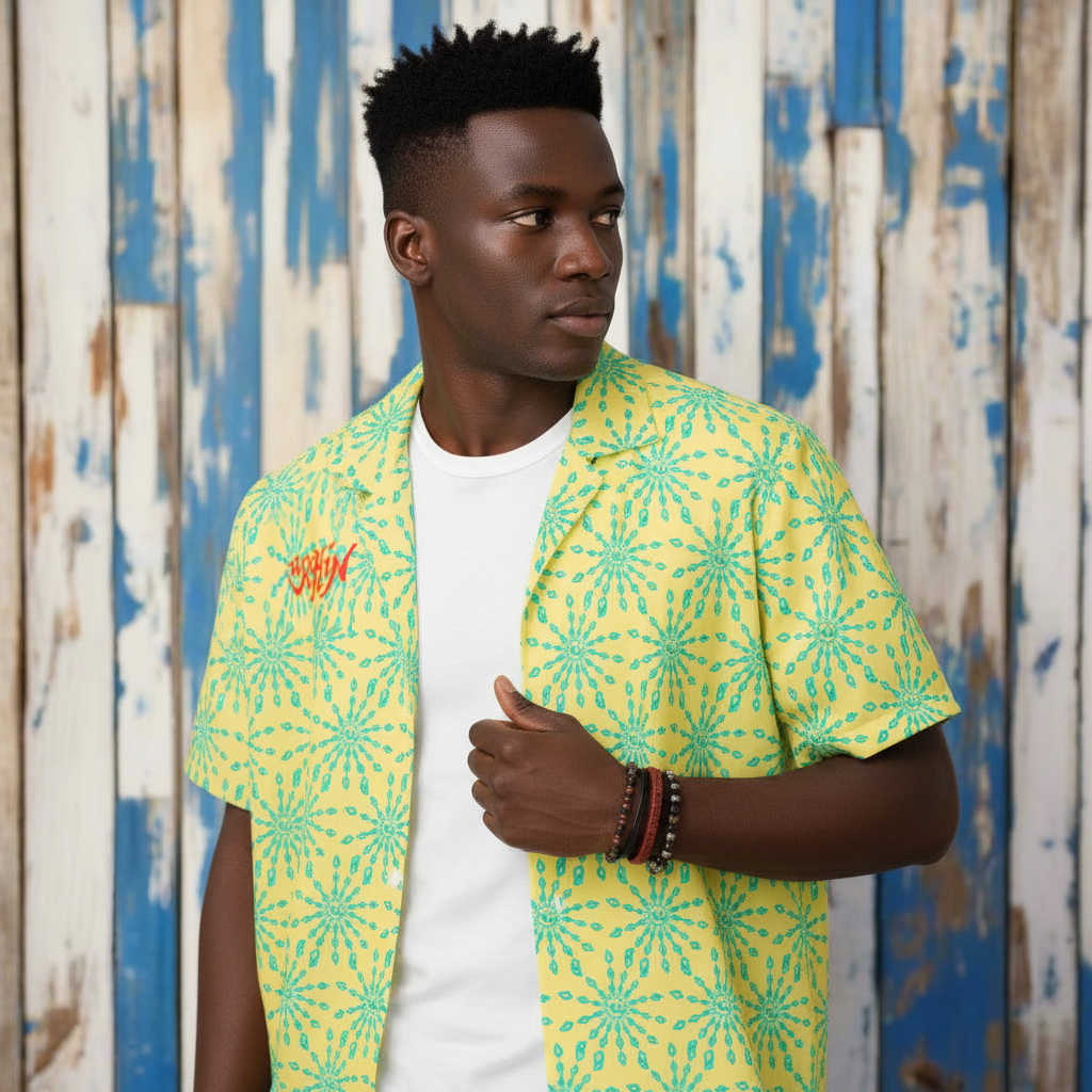 URCHIN 'U FIREWORK'. BLUE/PINEAPPLE Unisex button shirt. Multiple Sizes.
