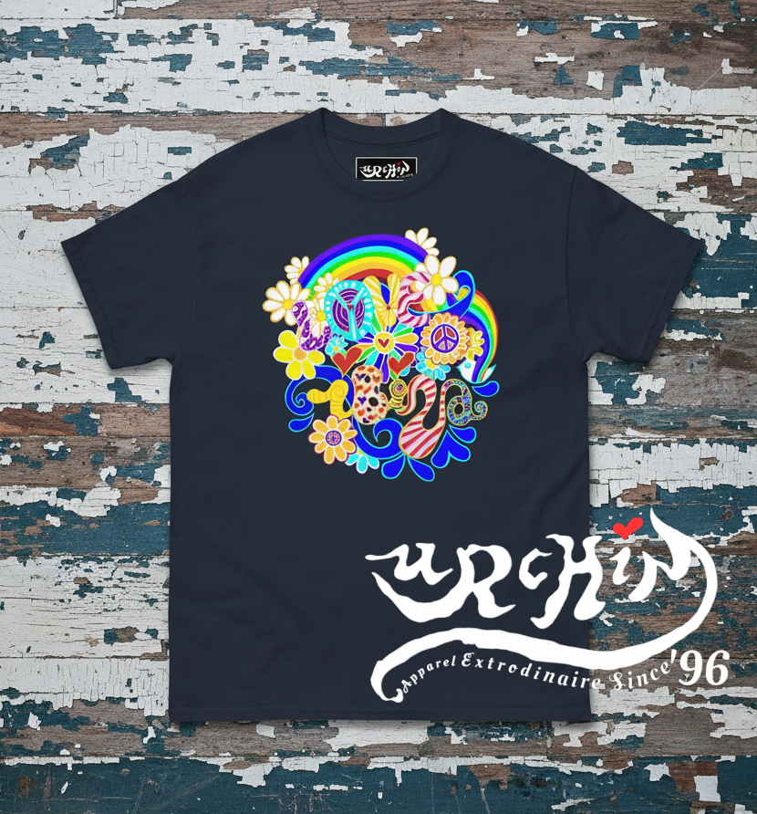 URCHIN 'LOVE IBIZA' Retro Hippy Graphic T-Shirt - Unisex '70s Summer Vibe Streetwear. Dark Colours.