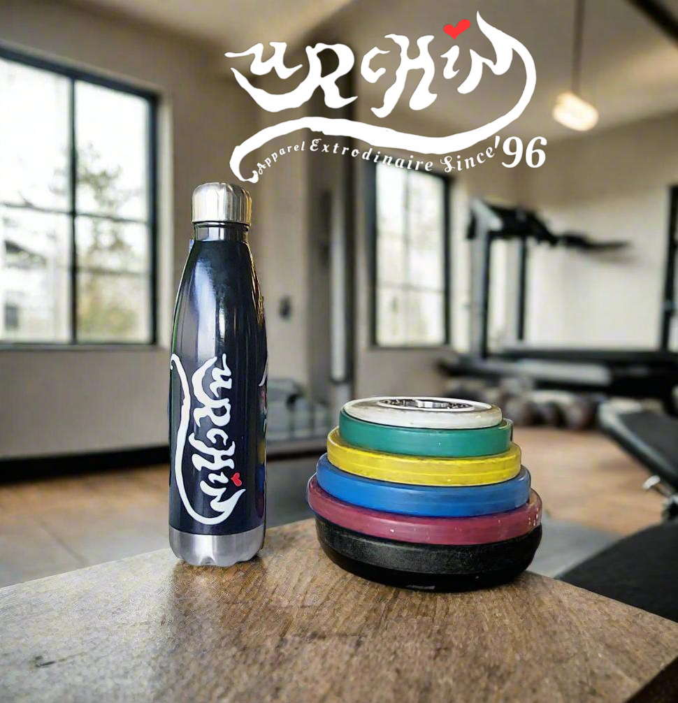 URCHIN Hydration Stainless Steel water bottle. White 'Slick Urchin' Logo on Black.