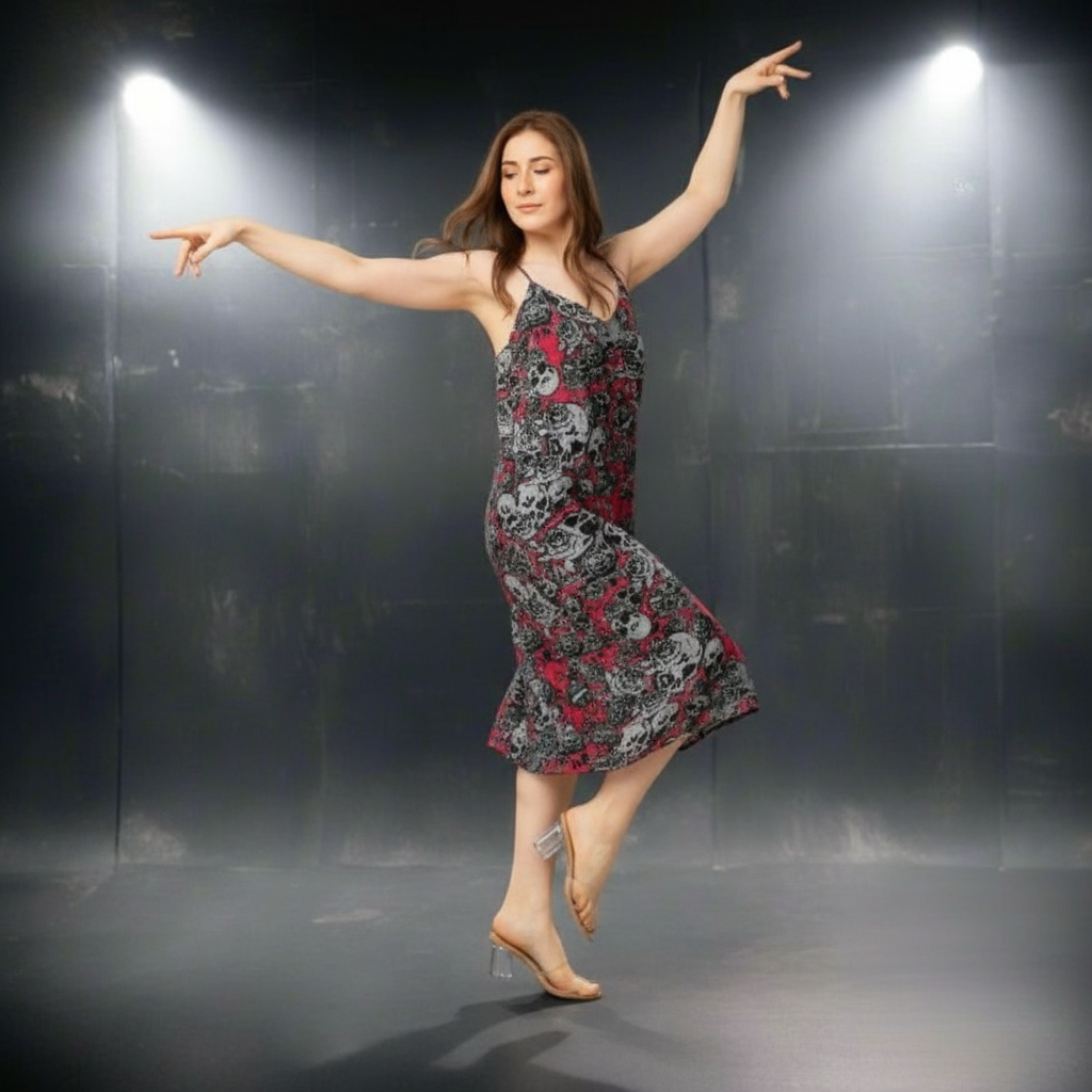 DARK URCHIN-'U Skull Storm' Skulls, Hearts Daggers, & Roses Tattoo Design. Tie-strap midi dress. Colour 'Grape'(Red) Choice of Sizes.