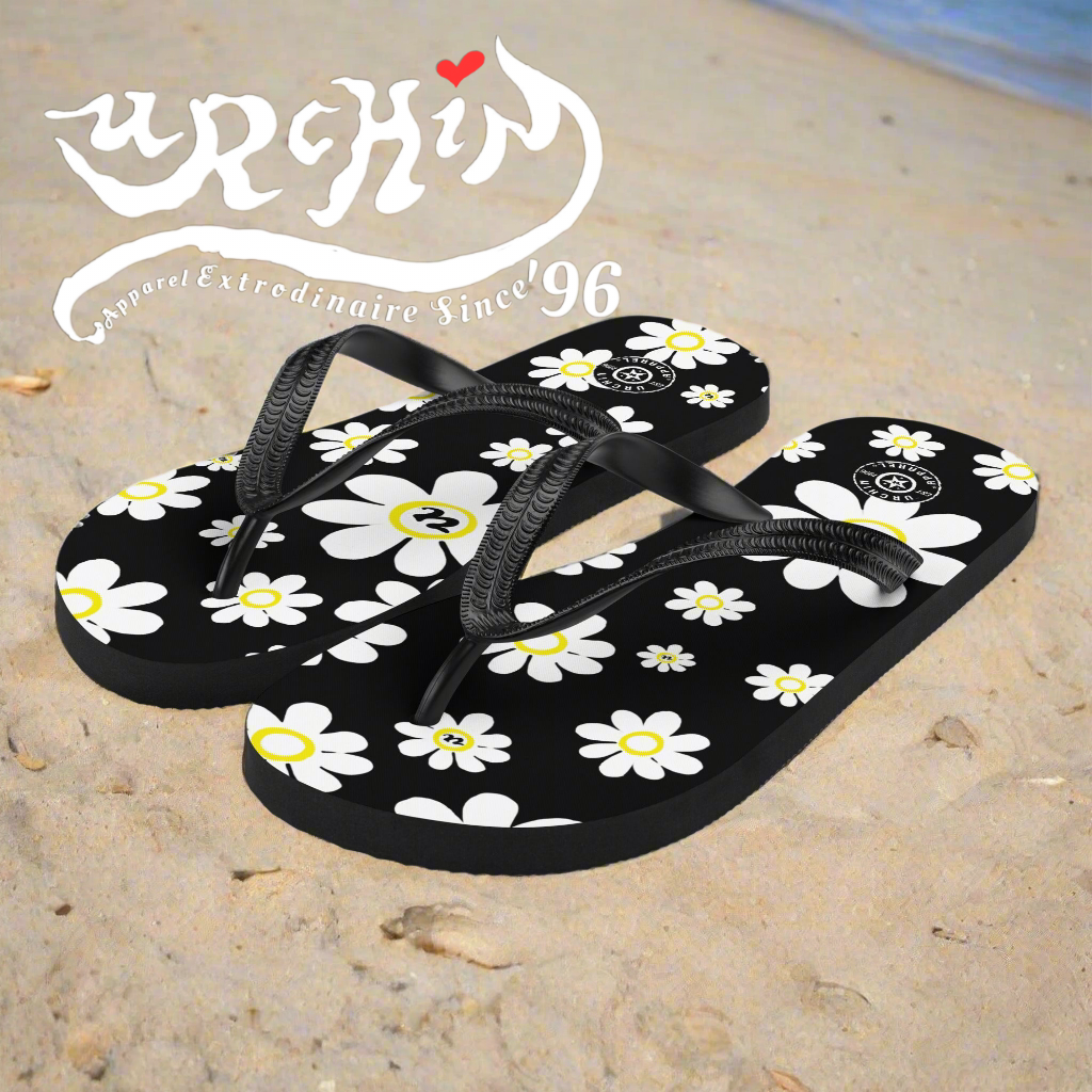URCHIN 'U DAISY' Black. Unisex Flip-Flops. Choice of 3 Sizes.