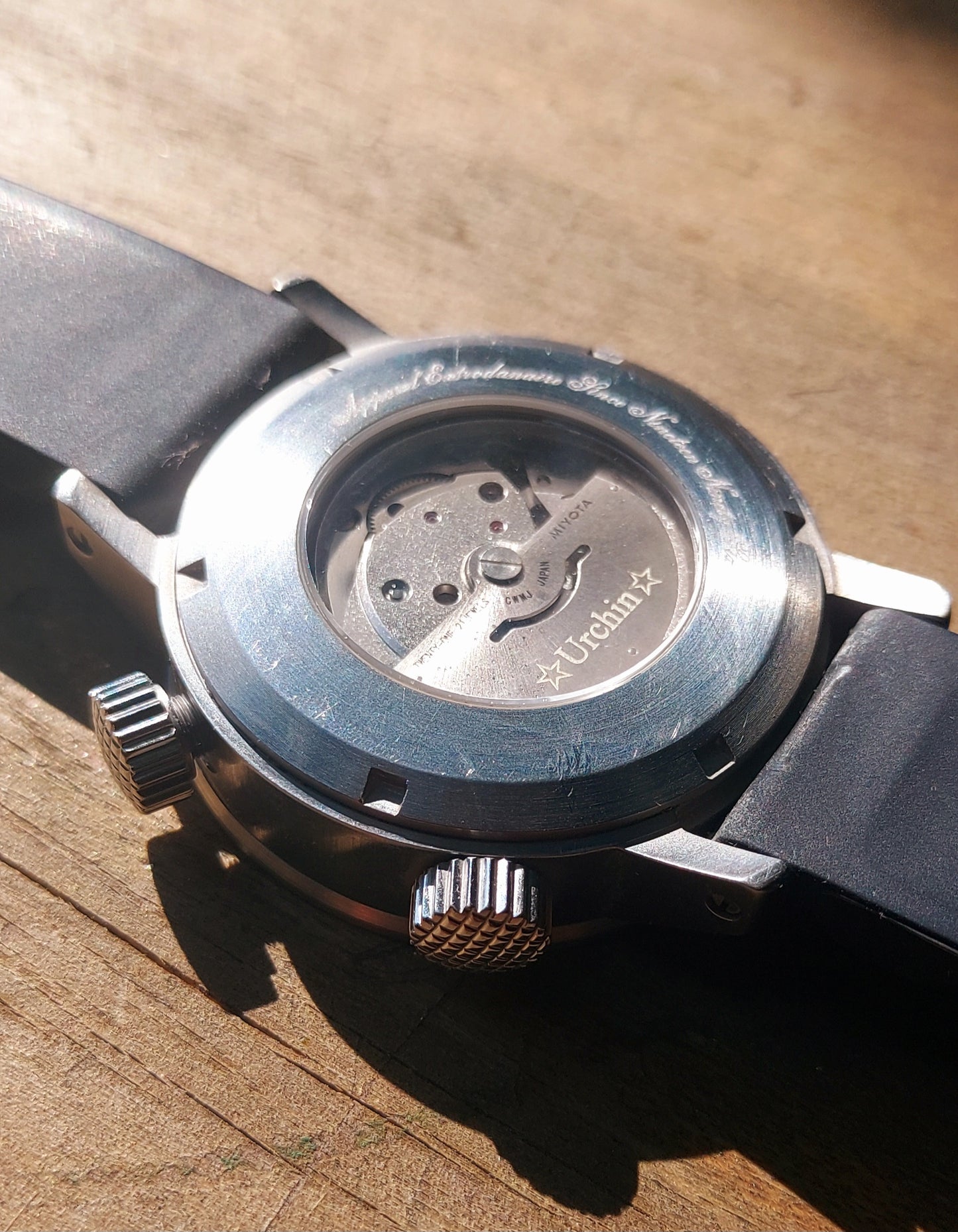 URCHIN Accessories & Watches. Black 'RETRO DIVER' 'Urchin London' Logo Watch. Rubber Strap. *To Order only.