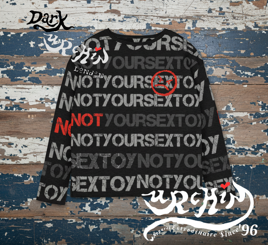 DARK URCHIN 'NOT YOUR SEX TOY' Grey & Red on Black. Women’s straight bottom knitted sweater.