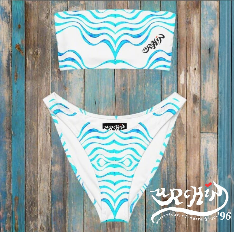 URCHIN 'TATTOO WAVE' Blue. Recycled Bandeau Style Bikini. Choice of Sizes.