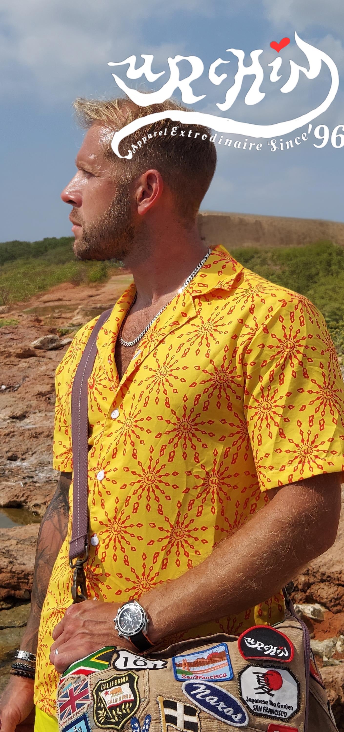 URCHIN 'U FIREWORK'. RED/MANGO Unisex button shirt. Multiple Sizes.
