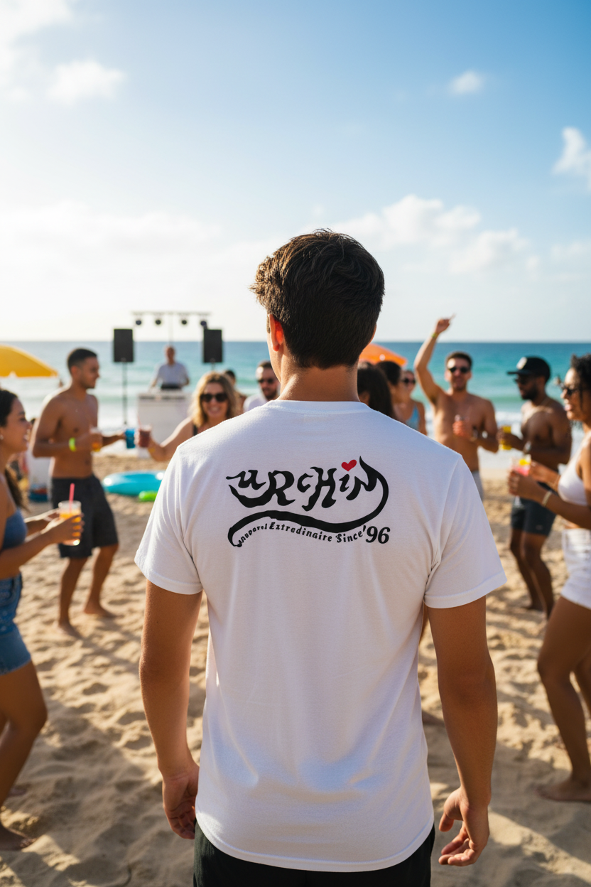 URCHIN 'Ibiza Sunset Spin'. White T Shirt. Unisex. Choice of Sizes