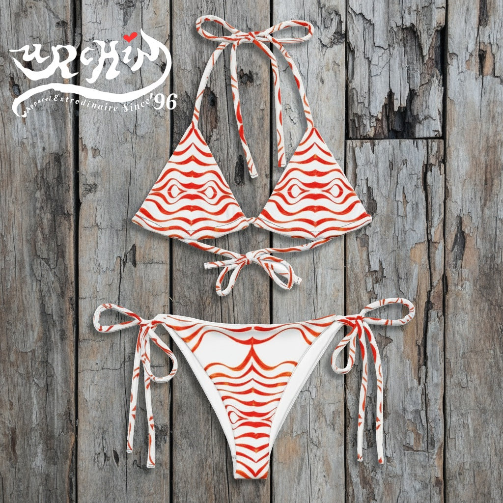 URCHIN Swimwear. 'TATTOO WAVE' RED. Recycled string bikini. Choice of Sizes.