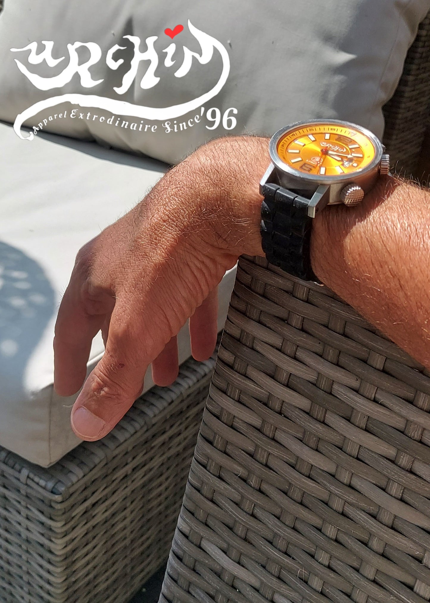 URCHIN Accessories & Watches. Orange 'RETRO DIVER' 'Urchin London' Logo Steel Watch. Rubber Strap. *To Order pnly.