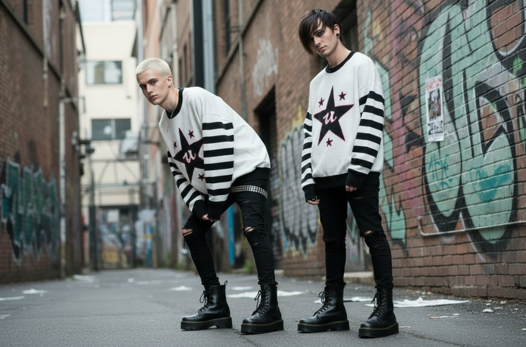 DARK URCHIN 'U STAR' MENACE Unisex Relaxed fit knitted crew neck sweater. Black Star.