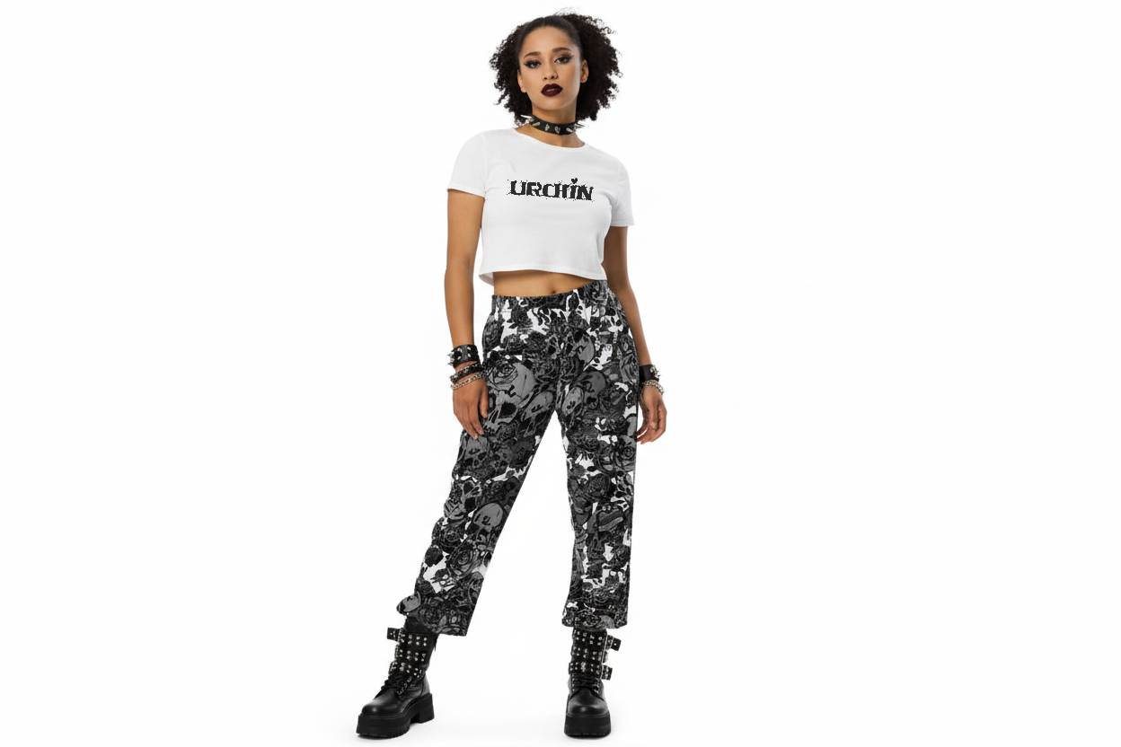DARK URCHIN SKULL STORM 'SNOW' wide-leg pants/trousers. Unisex.