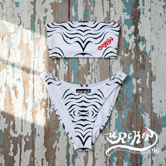 URCHIN 'TATTOO WAVE' Black on White. Recycled Bandeau Style Bikini. Choice of Sizes.