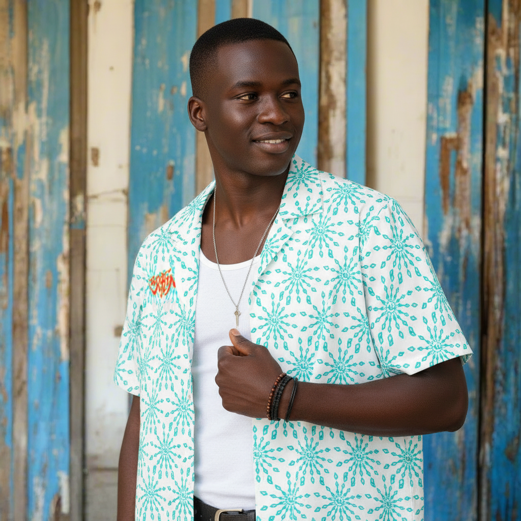 URCHIN 'U FIREWORK'. BLUE/CLOUD Unisex button shirt. Size Options.