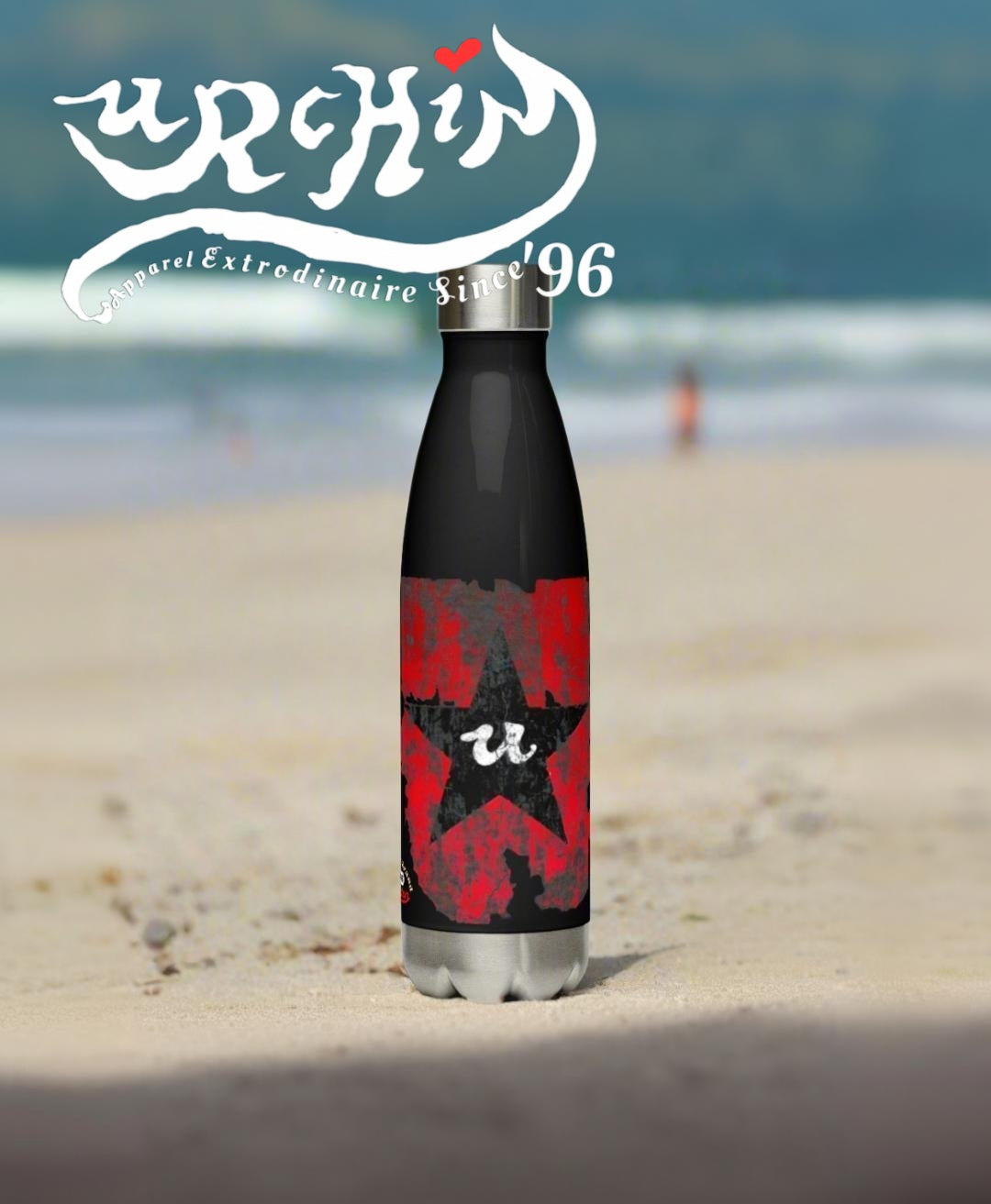 URCHIN Hydration Stainless Steel water bottle. Black & Red 'U Star' Logo. On Black or White.