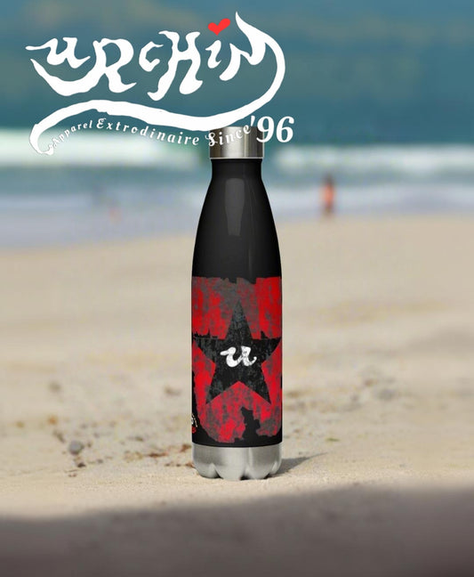URCHIN Hydration Stainless Steel water bottle. Black & Red 'U Star' Logo. On Black or White.