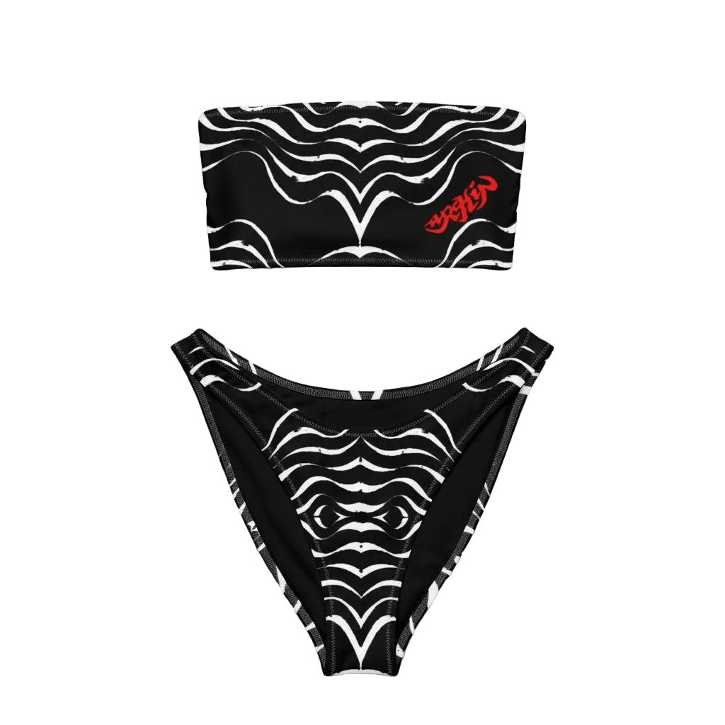 URCHIN Swimwear 'TATTOO WAVE' White Stripe. Recycled Bandeau Style Bikini. Choice of Sizes.
