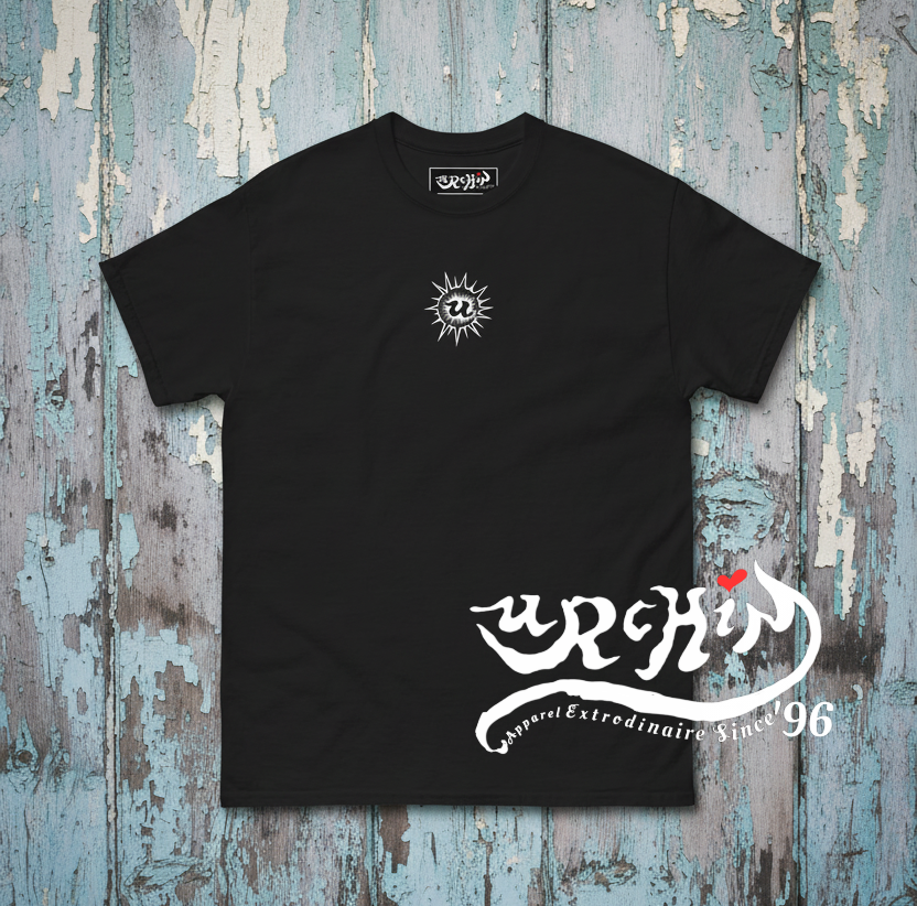 URCHIN-'U URCHIN' Original Urchin 1996 White Logo. Cotton T Shirt. Choice of Colours. Unisex