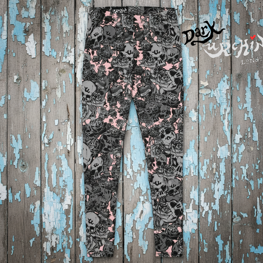 DARK URCHIN-'U Skull Storm' Skulls, Hearts Daggers, & Roses Leggings. Colour 'Coral' ( Pink ) Choice of Sizes.