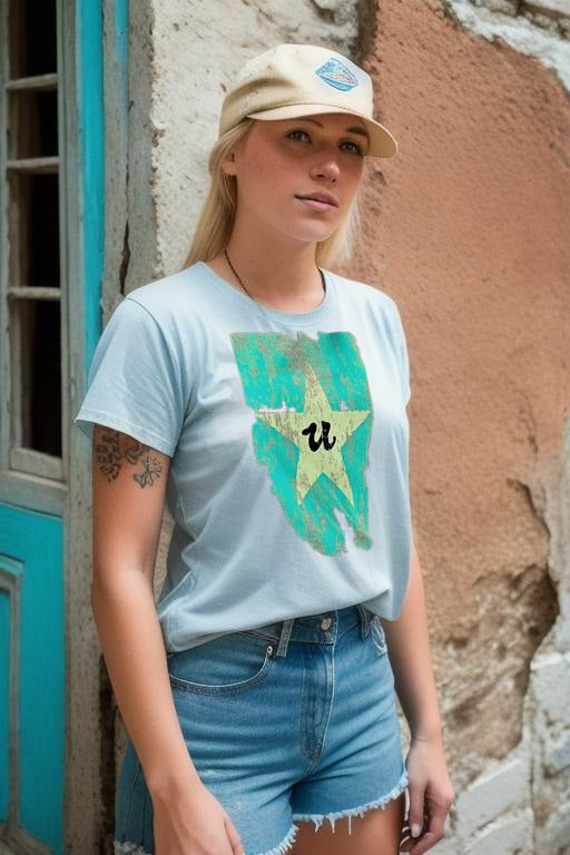 URCHIN Clothes -'U STAR' Cream on Blue- Old Poster. Cotton T Shirt. Choice of Colours. Unisex.