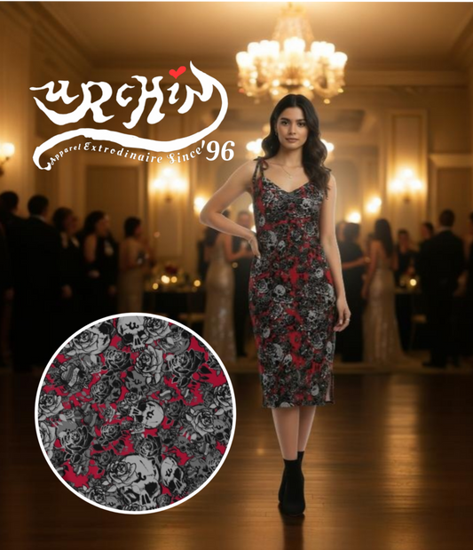 DARK URCHIN-'U Skull Storm' Skulls, Hearts Daggers, & Roses Tattoo Design. Tie-strap midi dress. Colour 'Grape'(Red) Choice of Sizes.