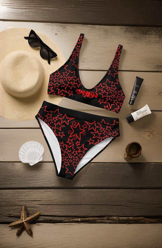 URCHIN Clothes & Swimwear. 'STAR FALL' Red on Black. Recycled padded bikini top. Choice of Sizes.