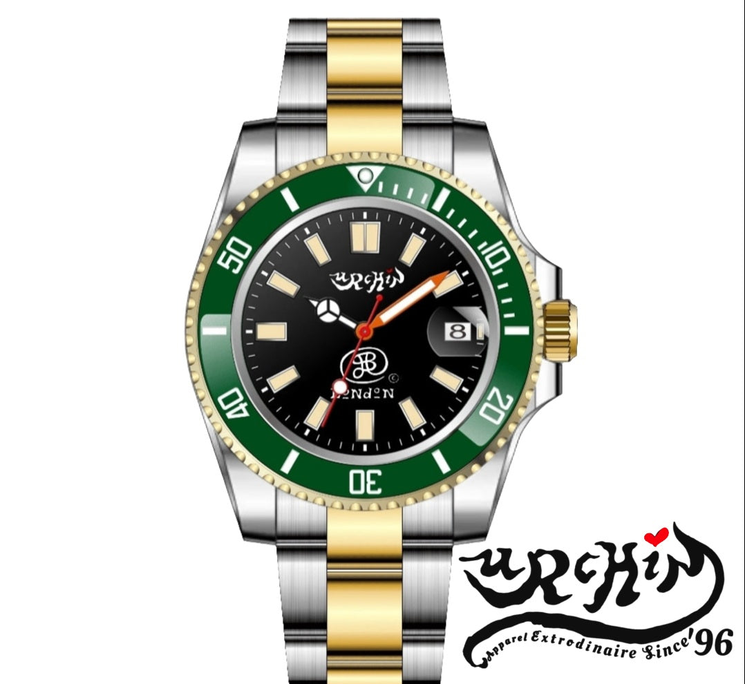 URCHIN Accessories & Watches. 'CRONOGRAPH DIVER' Black & Gold Face. 'Urchin' 'JSP London' Logo Watch. Green & White Bezel. Steel Body and Strap. *To Order only.