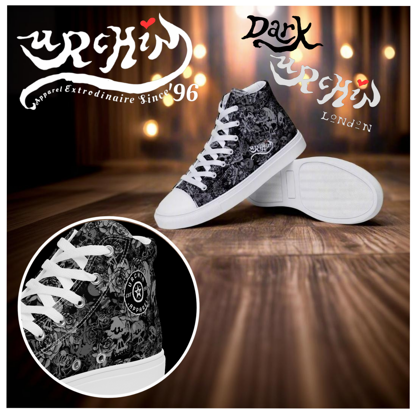 URCHIN 'U Skull Storm'. Black. Mens lace-up Hi Top Sneaker. Choice of Sizes.
