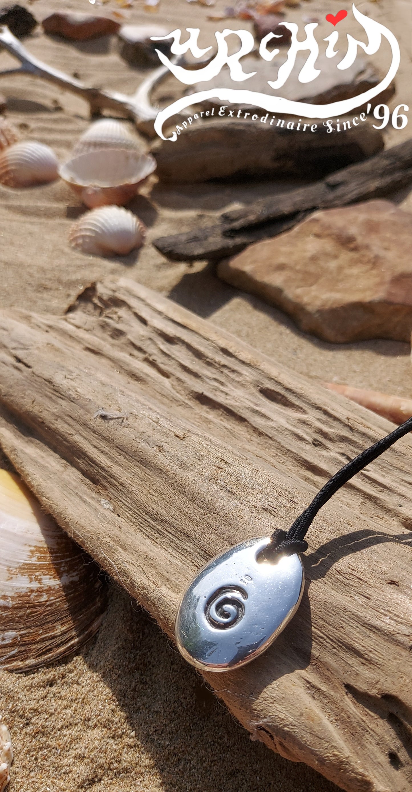 URCHIN -'Spiral' Unisex Drop Disc Urchin Logo Pendant. Solid Silver, Hallmarked. Hand-made in UK.