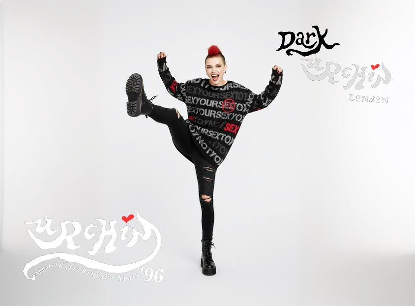 DARK URCHIN 'NOT YOUR SEX TOY' Grey & Red on Black. Women’s straight bottom knitted sweater.