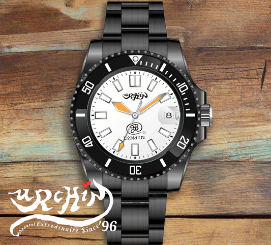 URCHIN Accessories & Watches. 'CRONOGRAPH DIVER' Black & White. 'Urchin' 'JSP London' Logos. Watch. Black Steel Body and Strap. *To Order only