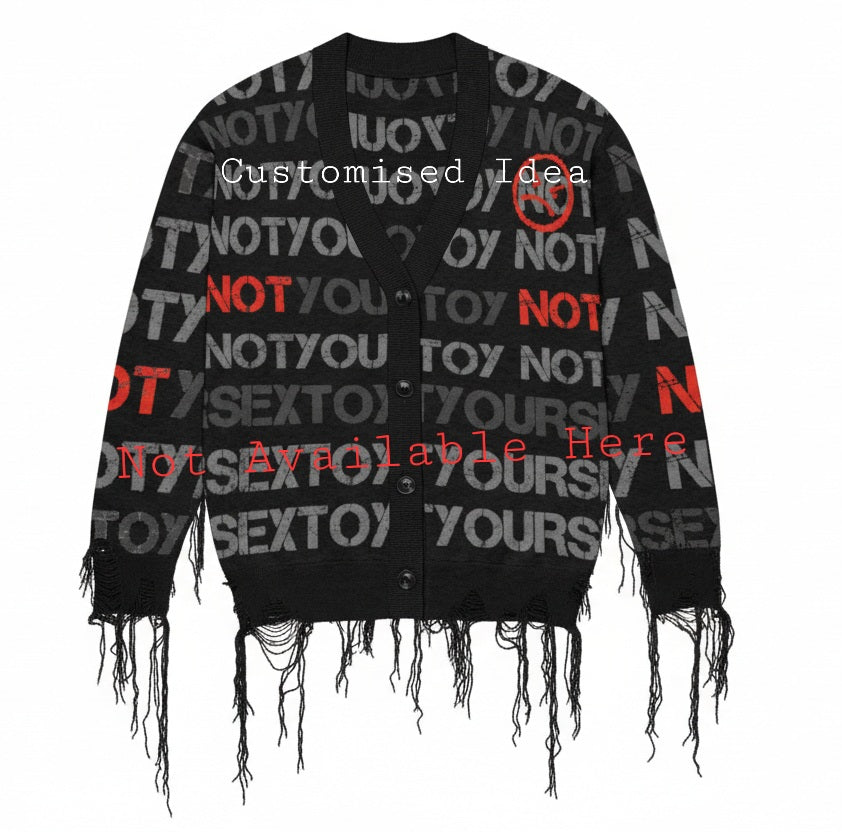 DARK URCHIN 'NOT YOUR SEX TOY'Knitted cardigan. Grey & Red on Black. XL