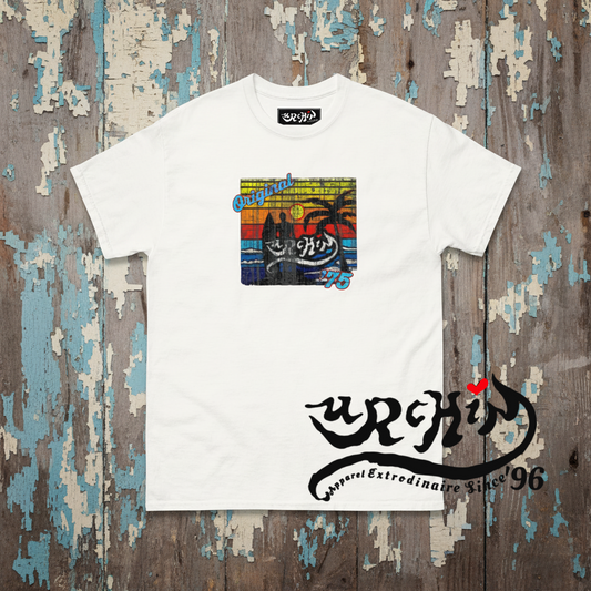 URCHIN-'SURFER SUNRISE-Original '75' Square Logo. Cotton T Shirt. Choice of Colours. Unisex.