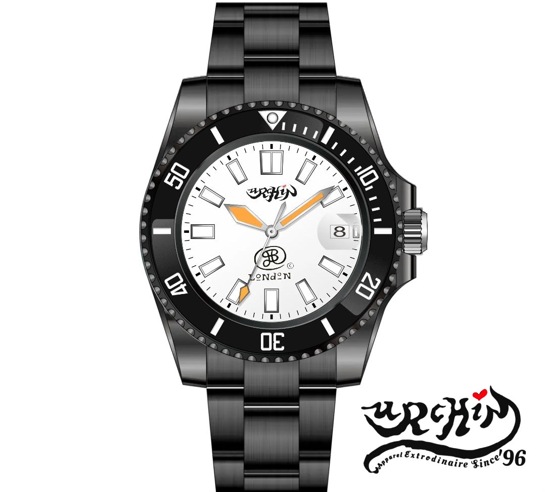 URCHIN Accessories & Watches. 'CRONOGRAPH DIVER' Black & White. 'Urchin' 'JSP London' Logos. Watch. Black Steel Body and Strap. *To Order only