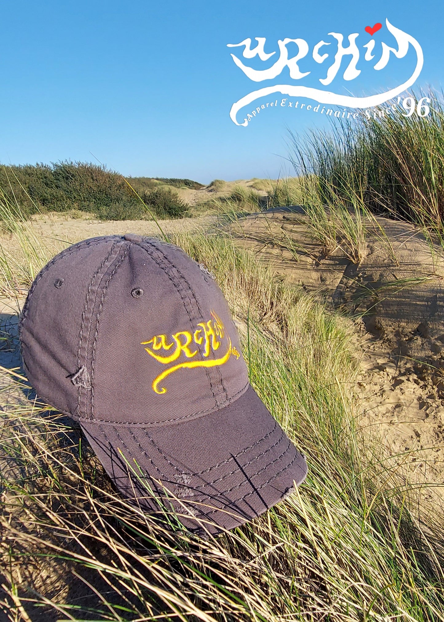 URCHIN Headwear 'Urchin 96' Logo- Baseball Cap. Gold Logo. Lightly Distressed. Embroidered front and side Design. Choice of Colours.