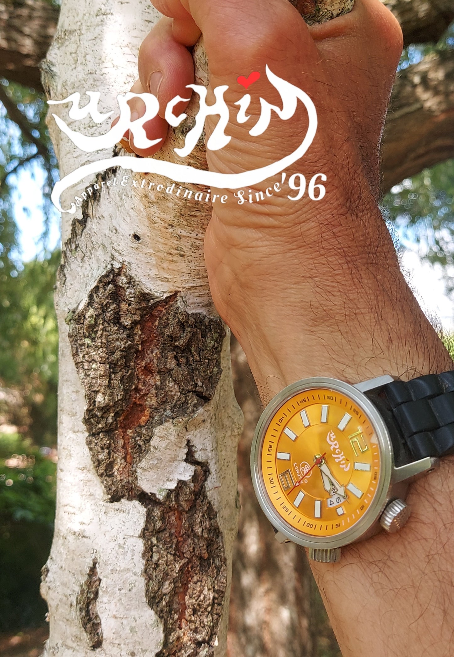 URCHIN Accessories & Watches. Orange 'RETRO DIVER' 'Urchin London' Logo Steel Watch. Rubber Strap. *To Order pnly.