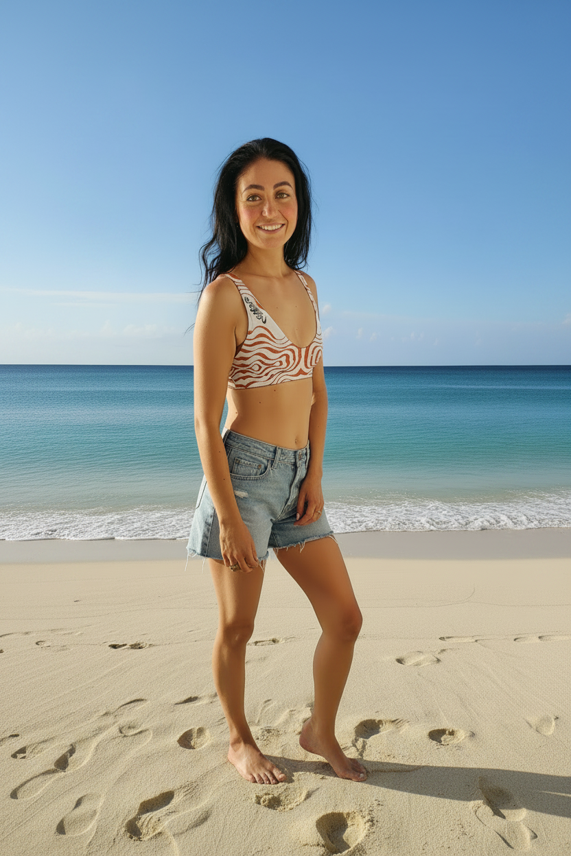 URCHIN Swimwear. 'TATTOO WAVE' RED SYRIPE. Recycled padded bikini top. Choice of Sizes.