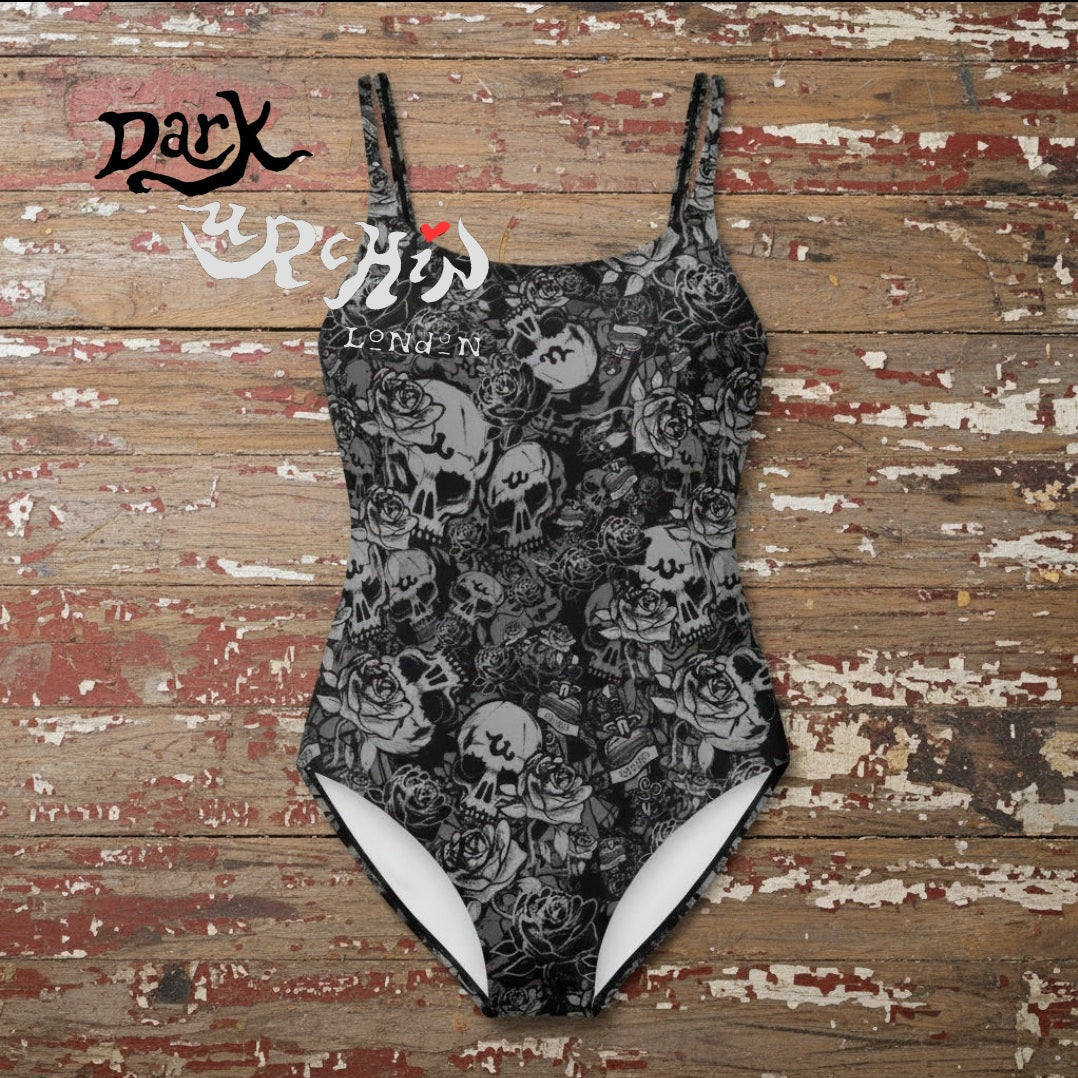 DARK URCHIN 'Skull Storm' One Piece Swimsuit. Colour 'Night' (Black). Choice of Sizes.