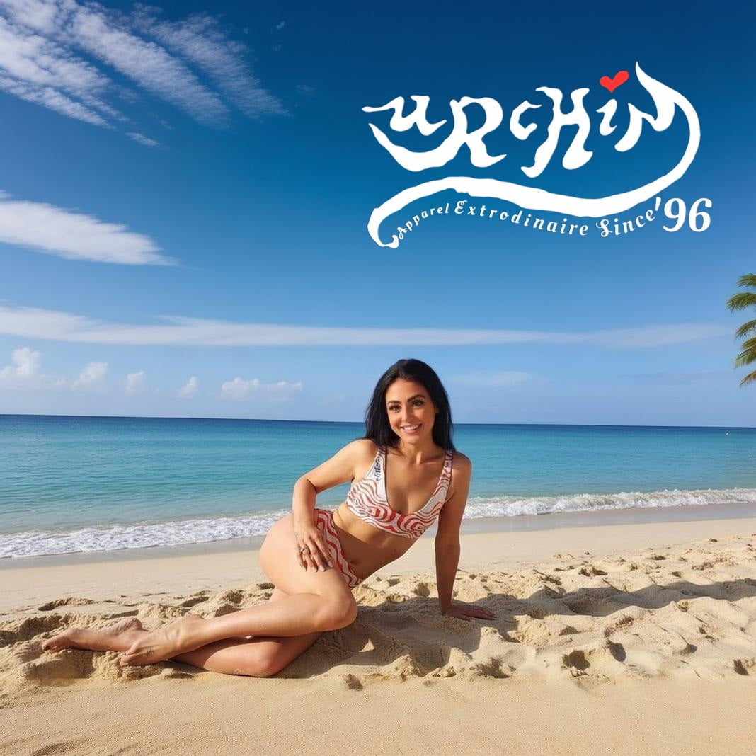 URCHIN Swimwear. 'TATTOO WAVE' Red. Recycled high-waisted bikini. Choice of Sizes.