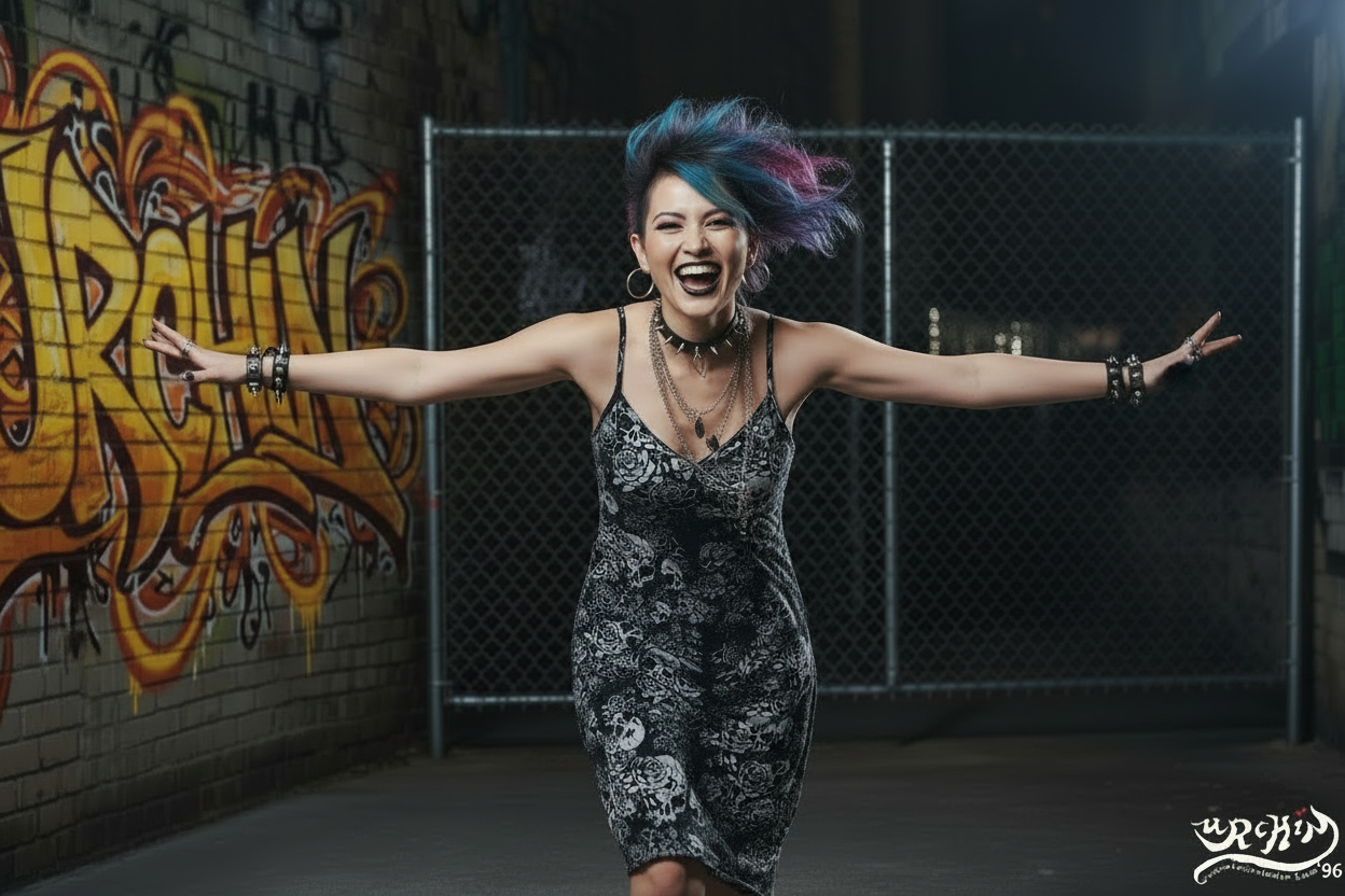 DARK URCHIN-'Skull Storm' Tie-strap midi dress. Colour 'Night' (Black).